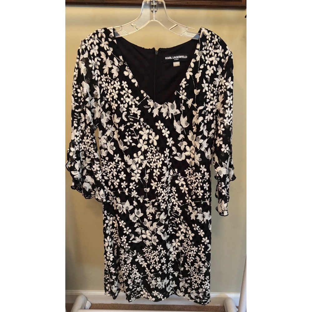 Karl Lagerfeld Paris Women Black White Floral Lace Ruffle Sleeve Dress Size 8